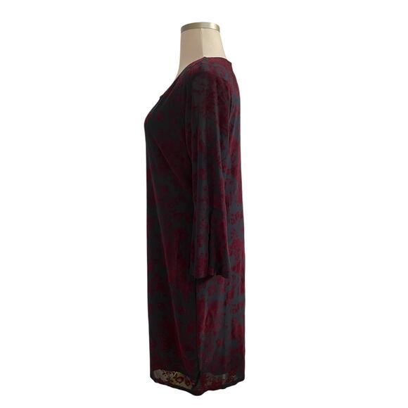 HAANI 1X Wine Flocked Velvet Floral Print Bell Sleeve Hem - Picture 3 of 7